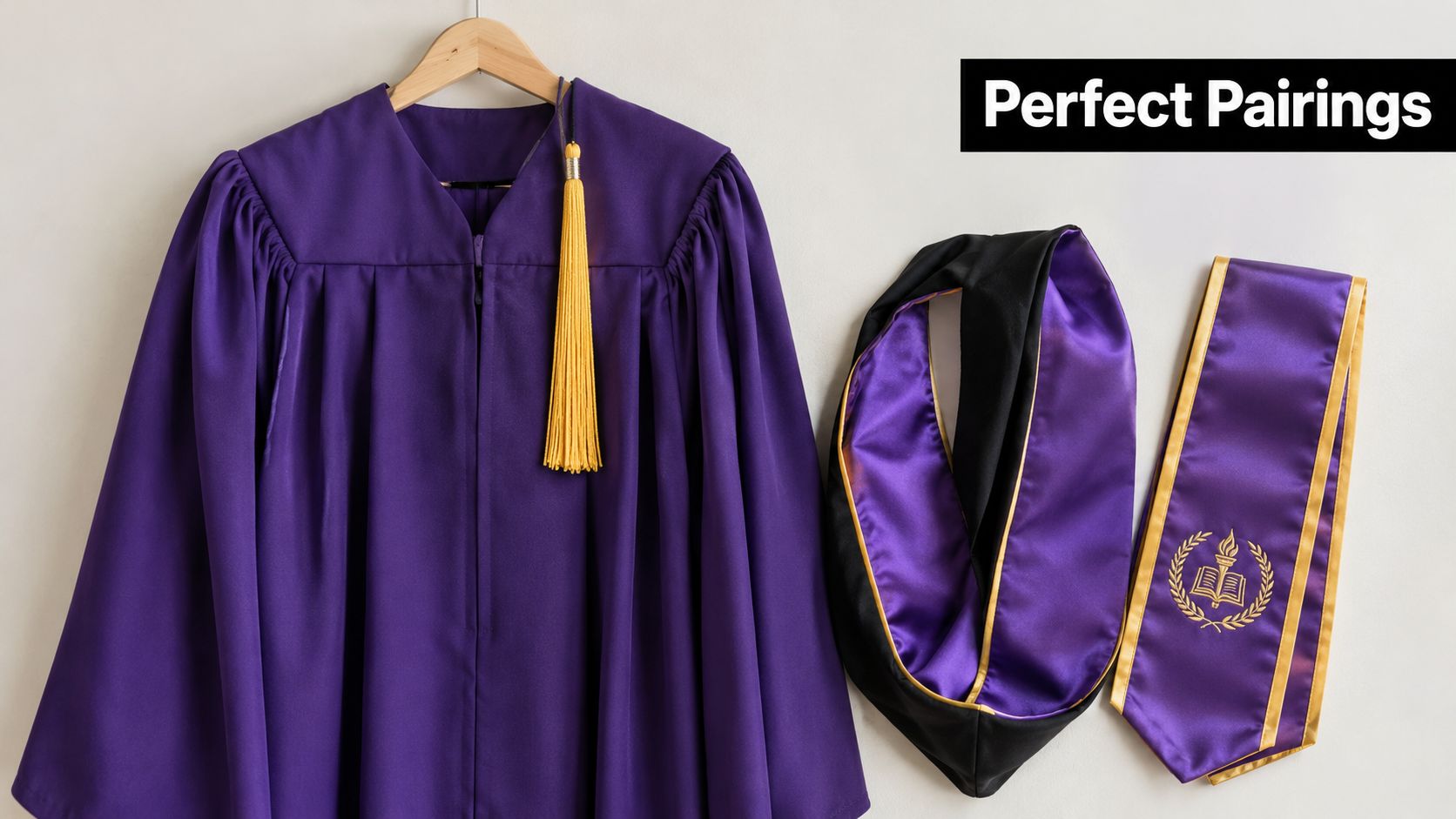 A purple graduation gown on a hanger with a matching hood and gold-trimmed stole beside it.