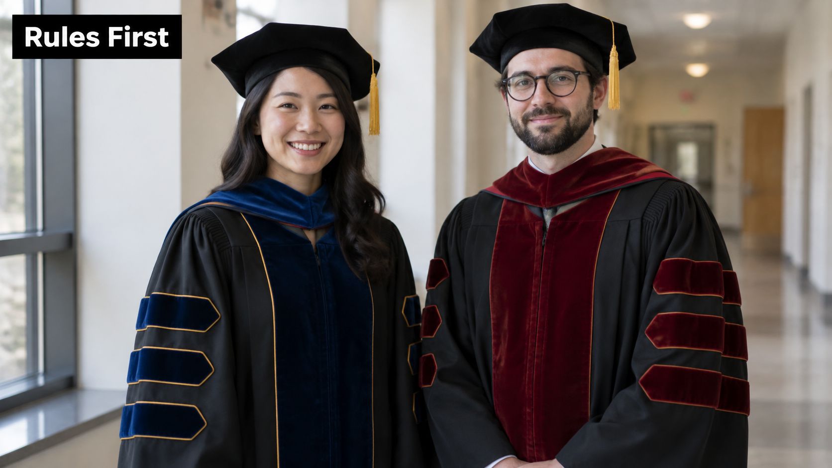 A smiling woman and man wearing academic doctoral regalia with gowns, hoods, and caps in a hallway.