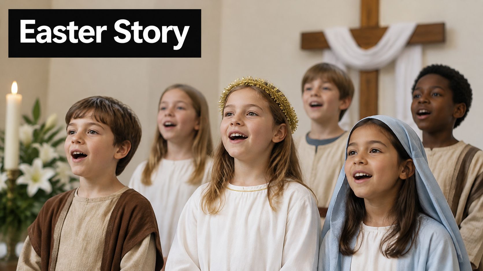 A diverse group of children singing in an Easter church service with a cross in the background.