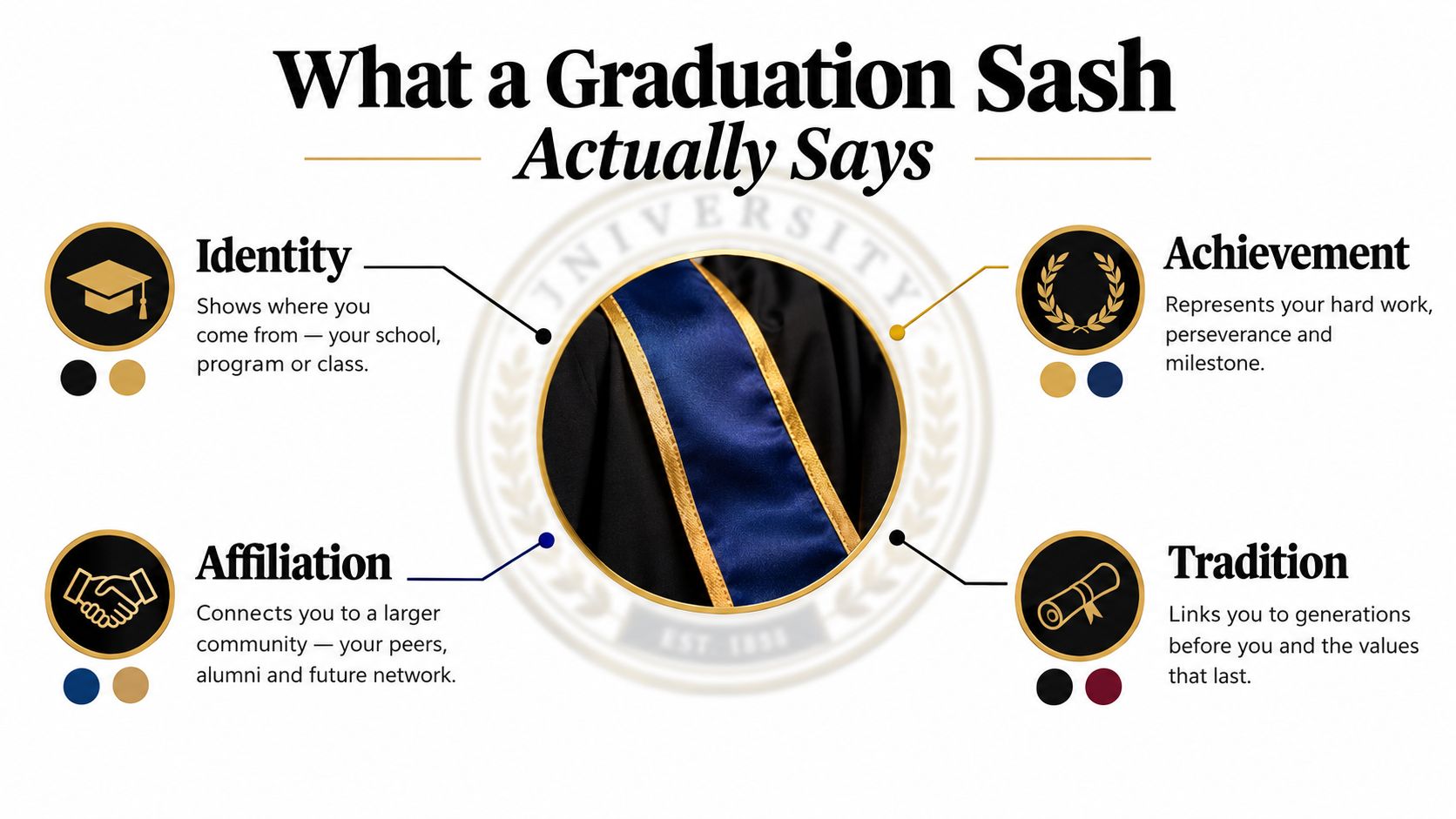 An infographic titled What a Graduation Sash Actually Says, explaining symbols for identity, achievement, affiliation, and tradition.