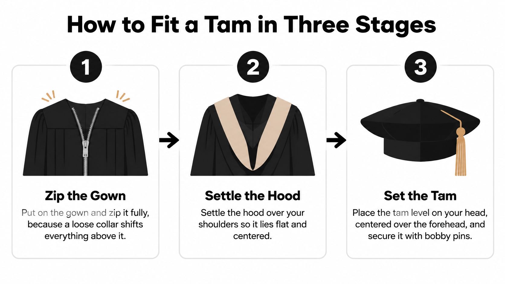 A three-step infographic showing how to properly fit and wear an academic gown, hood, and doctoral tam.
