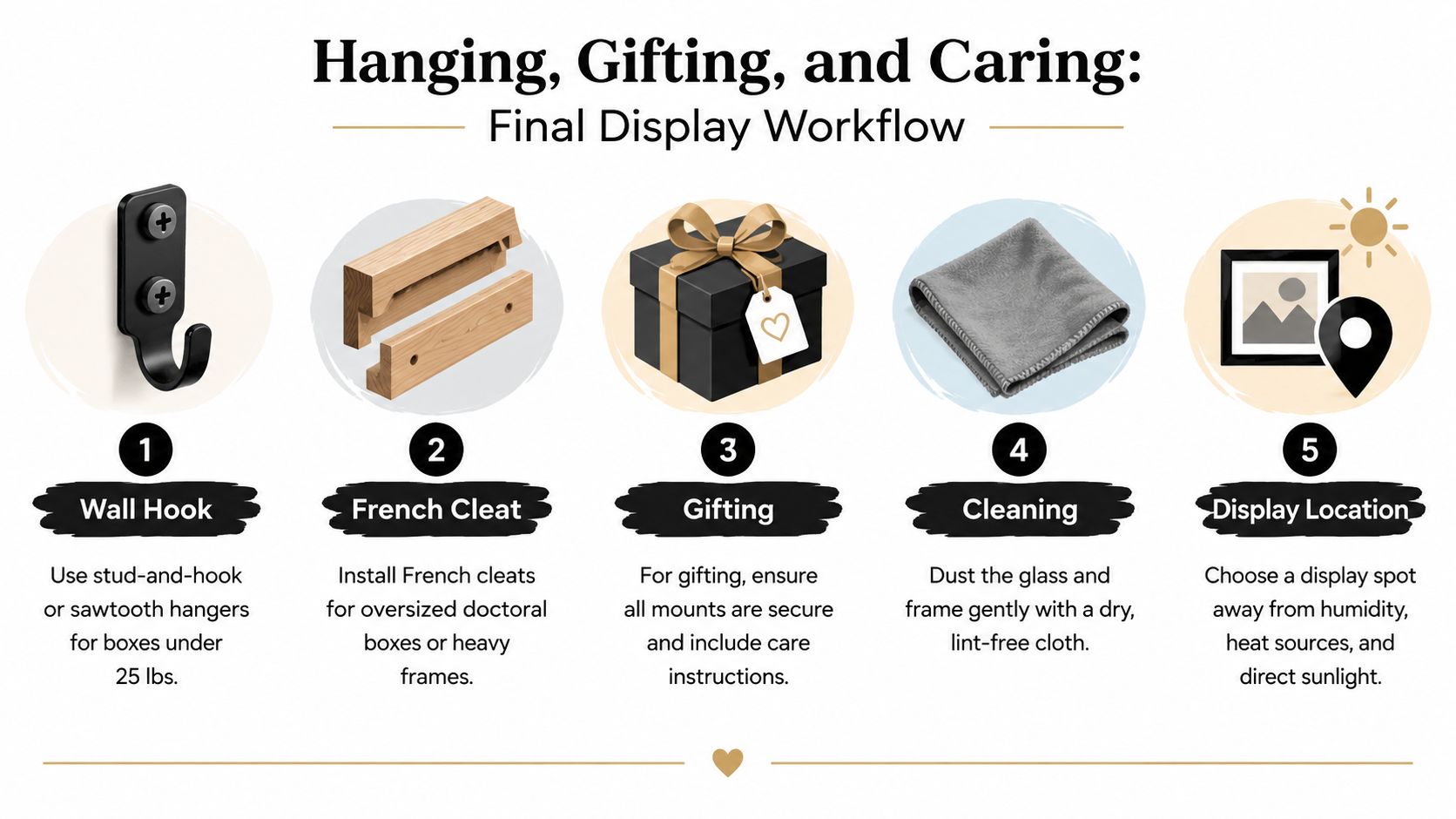 A five-step guide on how to hang, gift, and maintain a shadow box display frame properly.