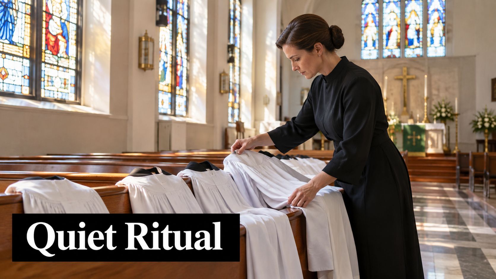 A woman in a black clerical robe organizing white choir vestments on pews inside a church.