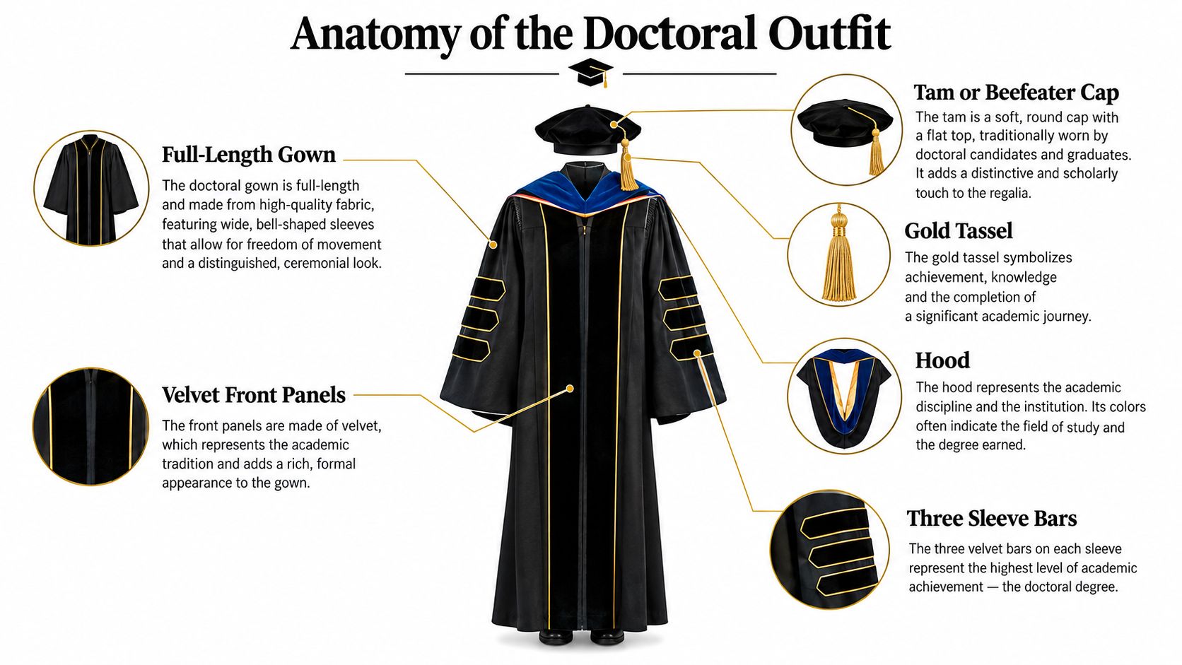 A diagram labeled Anatomy of the Doctoral Outfit detailing the gown, tam, hood, and sleeve bars.