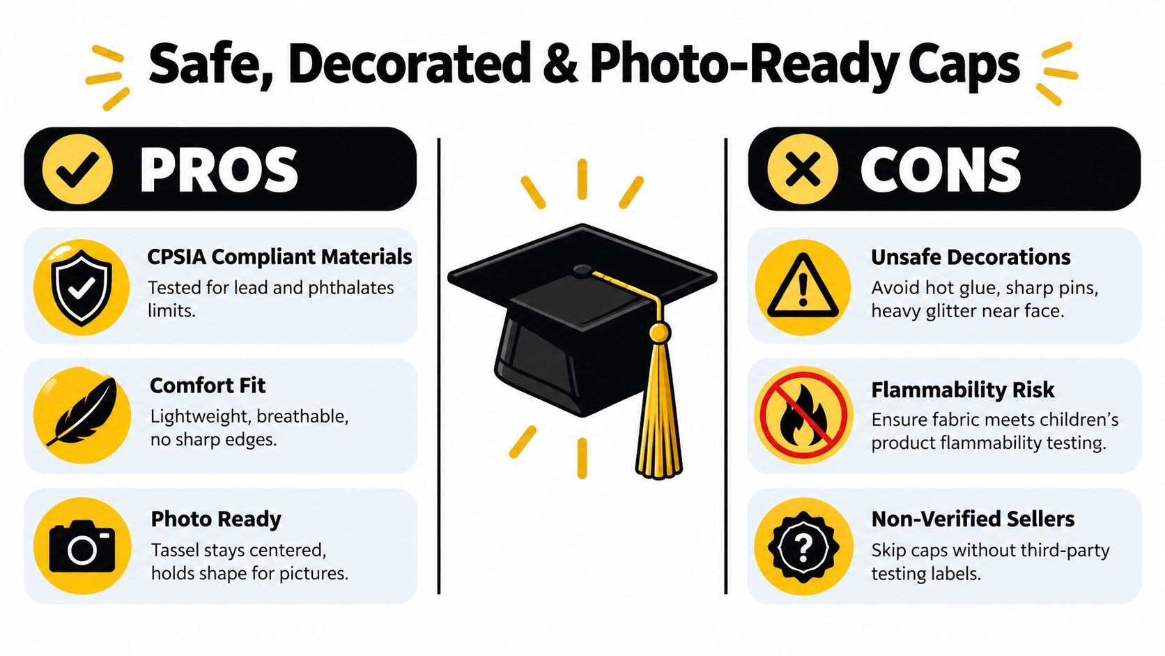 An infographic comparing pros and cons of kindergarten graduation caps, highlighting safety, comfort, and material compliance.
