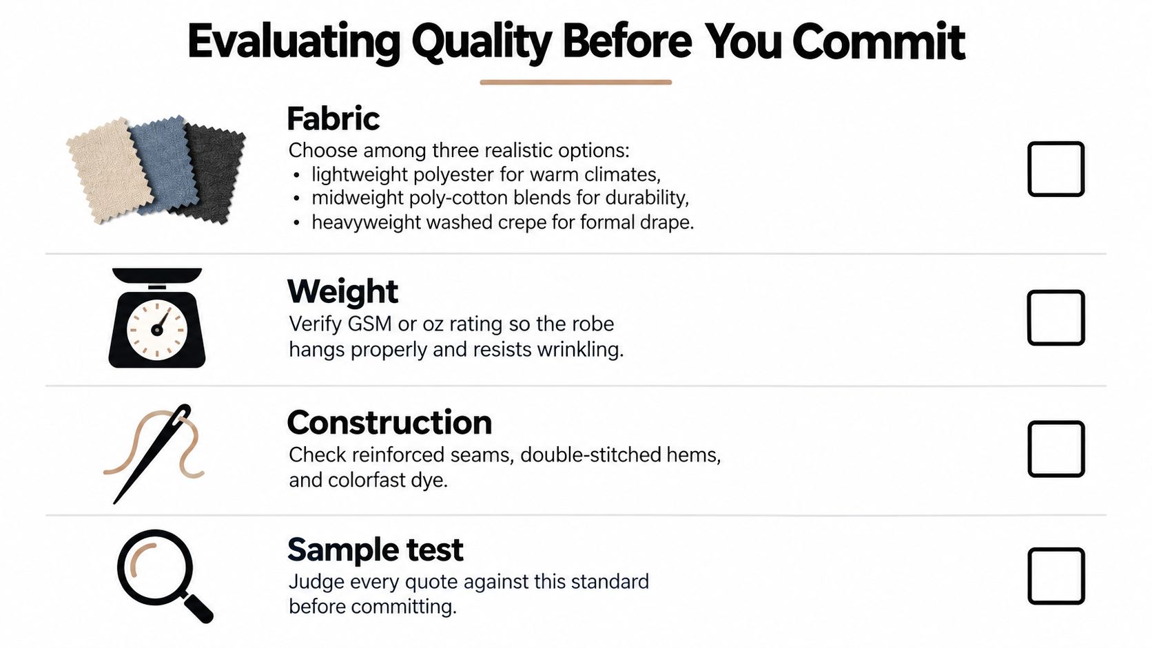 An infographic checklist for evaluating robe quality, covering fabric, weight, construction, and sample testing.