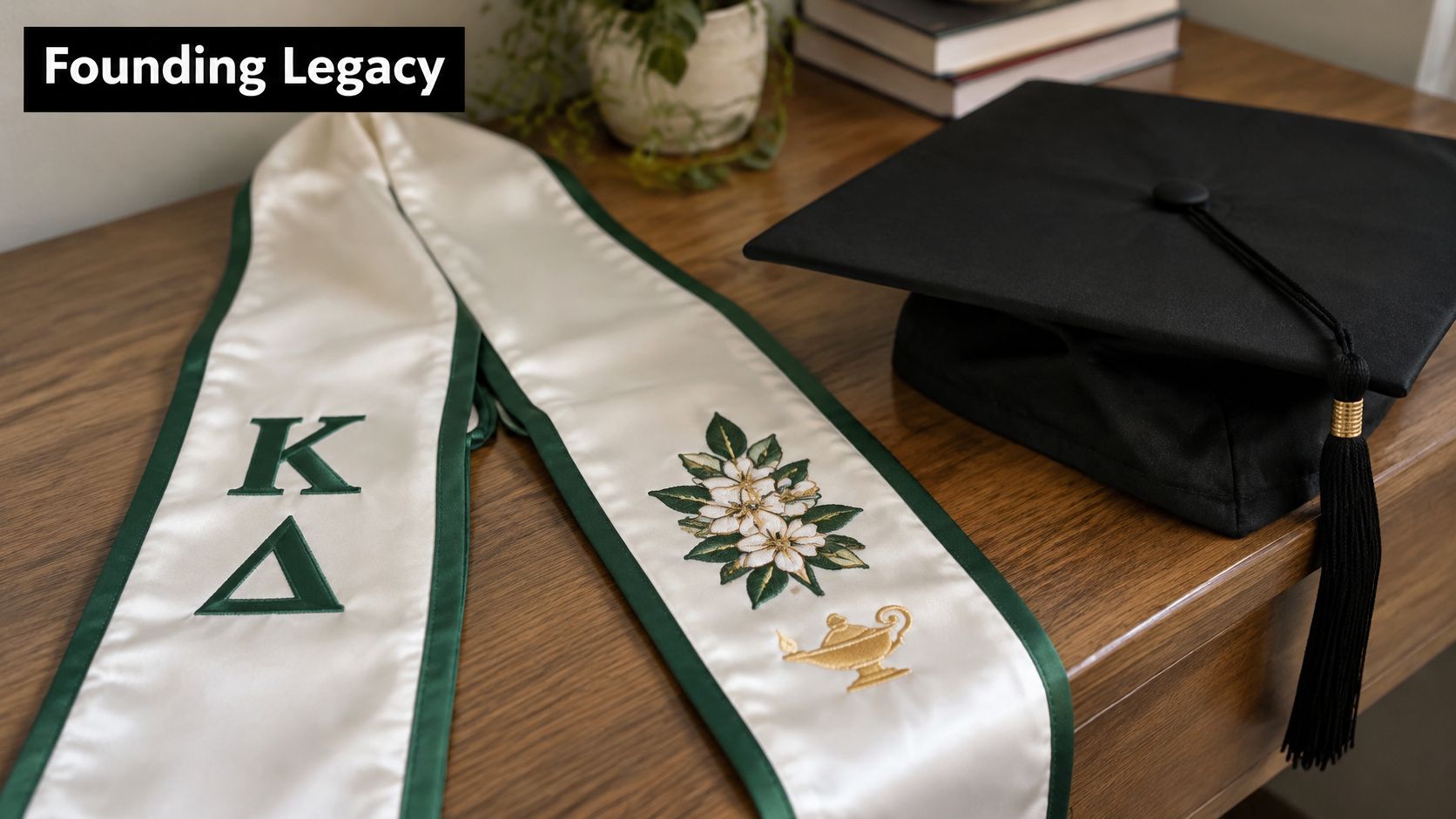 A Kappa Delta graduation stole with embroidered Greek letters, flowers, and a lamp beside a graduation cap.