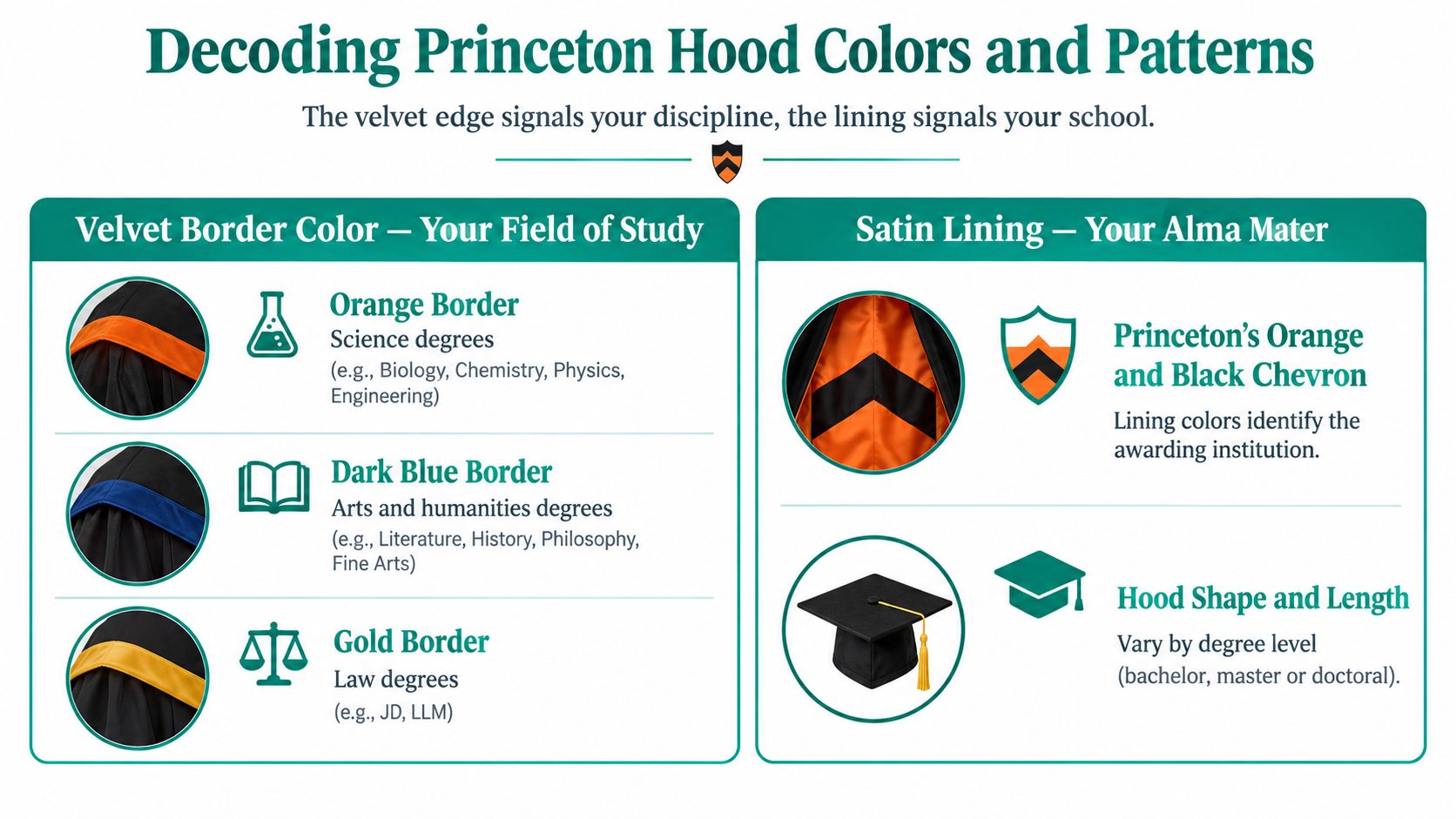 An infographic titled Decoding Princeton Hood Colors and Patterns explaining how velvet borders and satin linings signify degree information.