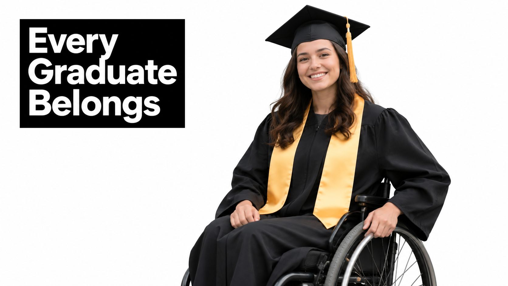 A smiling female graduate in a cap and gown sitting in a wheelchair, isolated on white background.