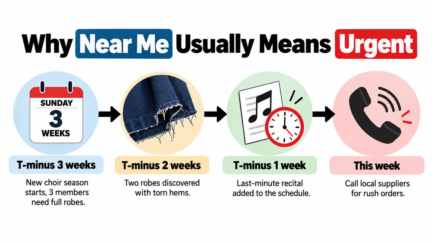 A timeline graphic showing four stages of urgency leading up to an urgent search for local choir robes.