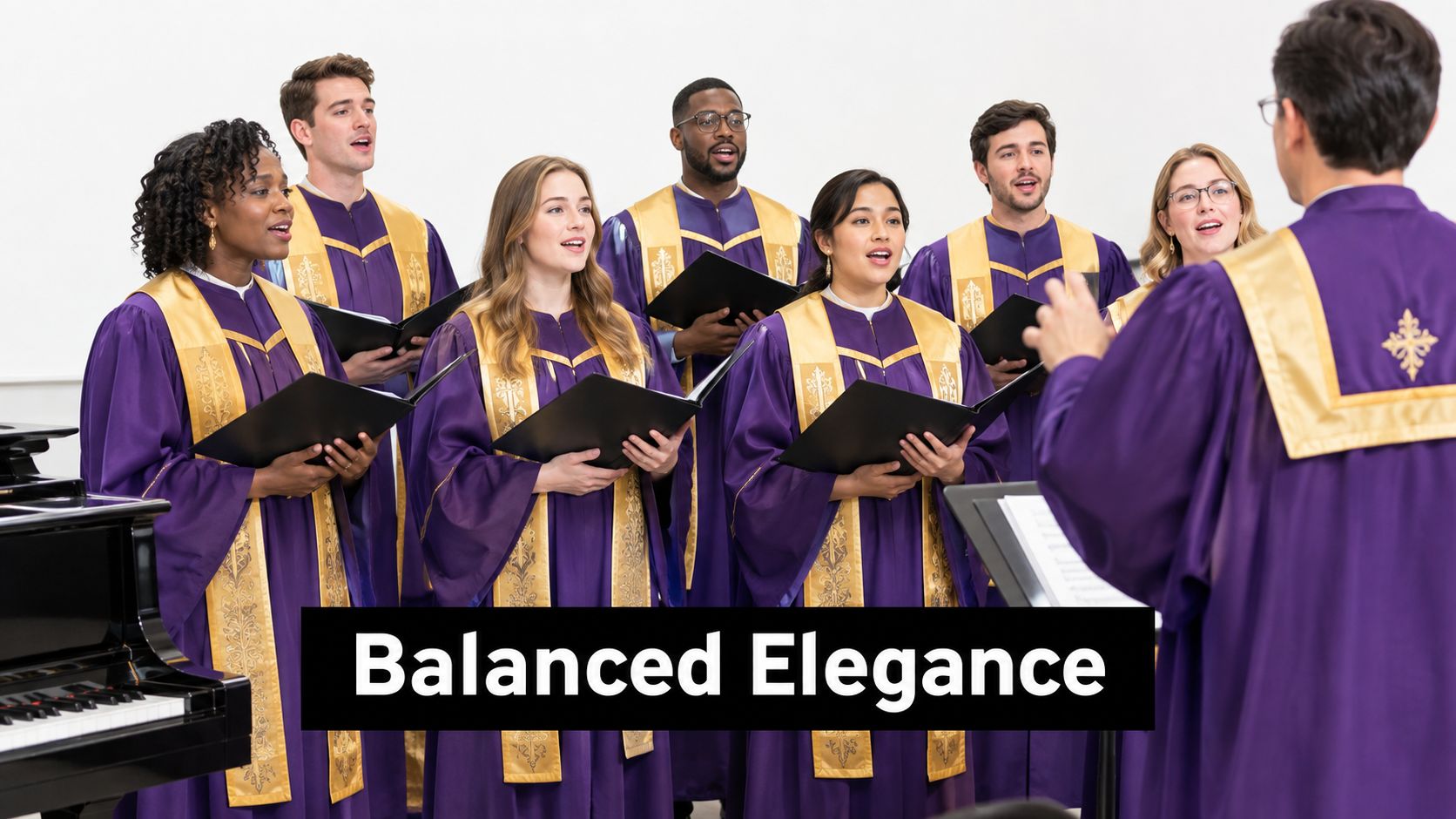 A choir group in purple and gold robes singing together while a director leads them forward.