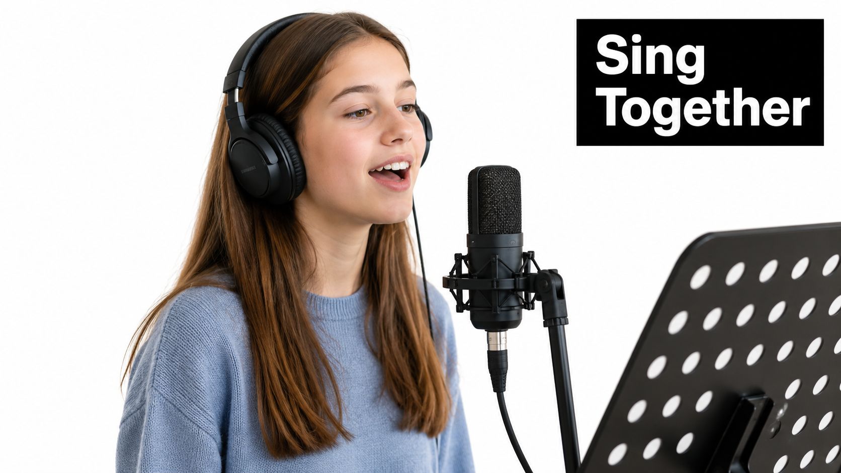 A young girl with long brown hair wearing headphones singing into a professional microphone in a studio.