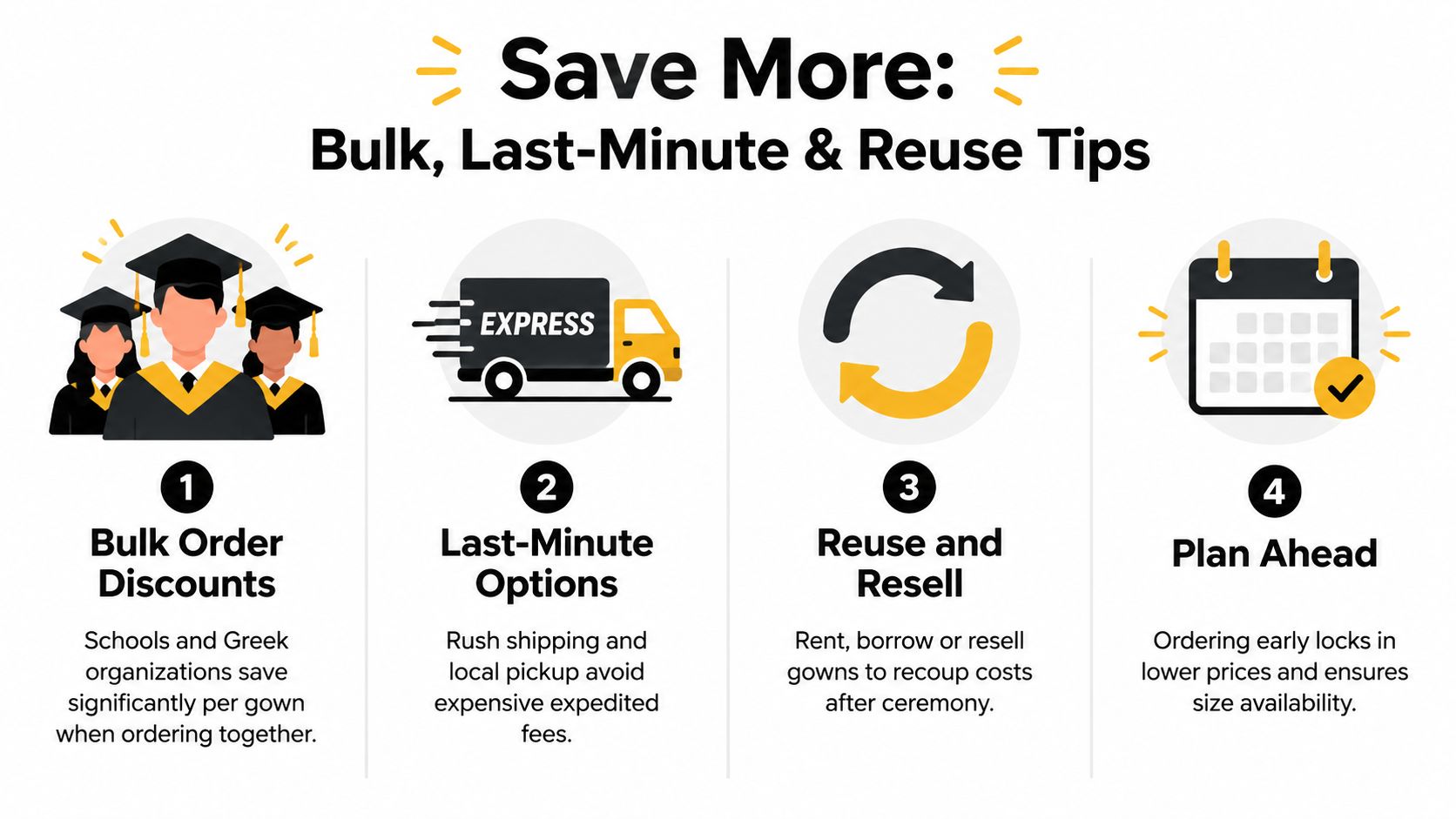 An infographic titled Save More with four tips for managing costs of graduation gowns and ceremonies.