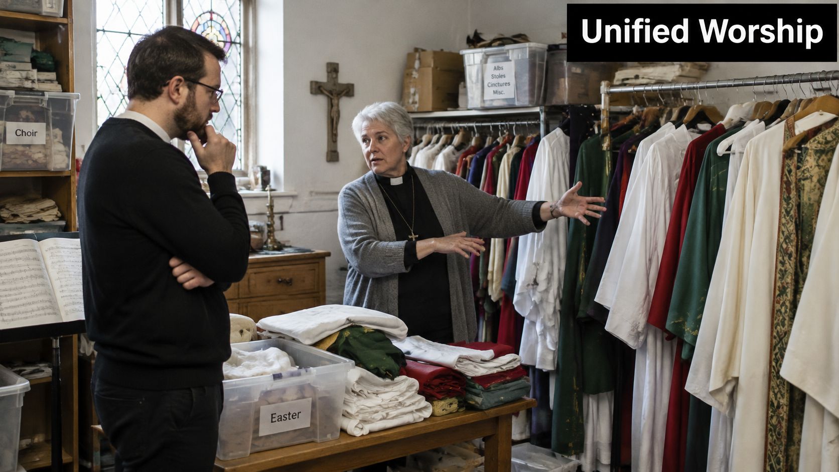 A woman priest in a grey cardigan showing church vestments to a man in a vestry.