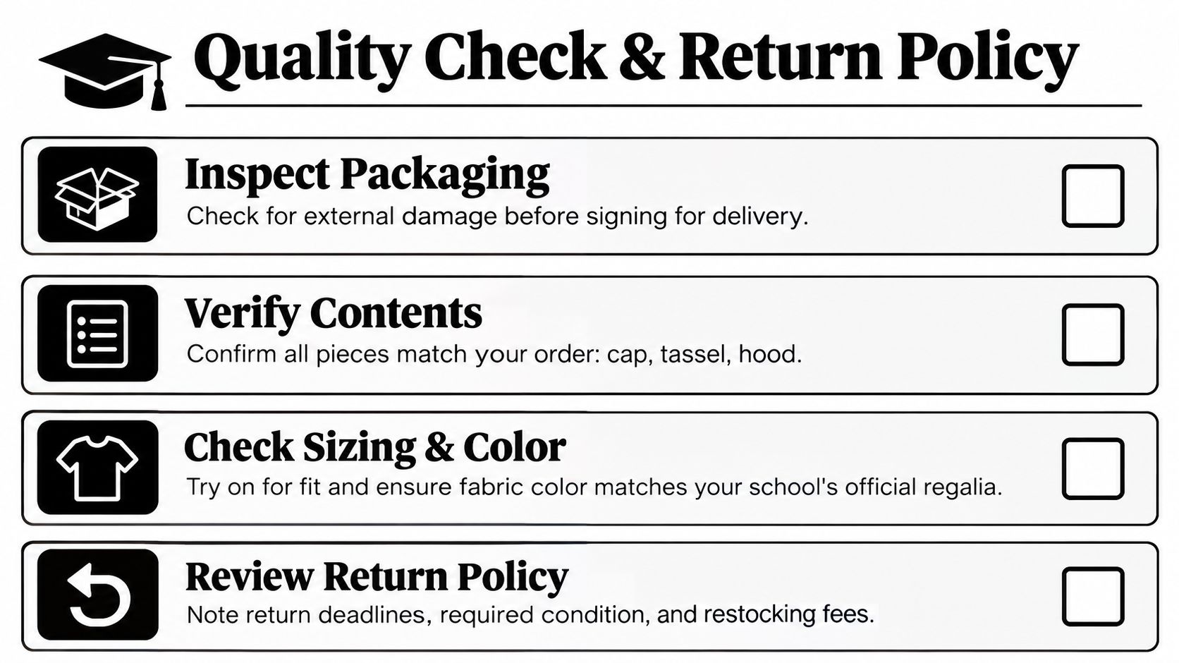A quality check and return policy checklist for graduation regalia including packaging inspection, contents, sizing, and returns.