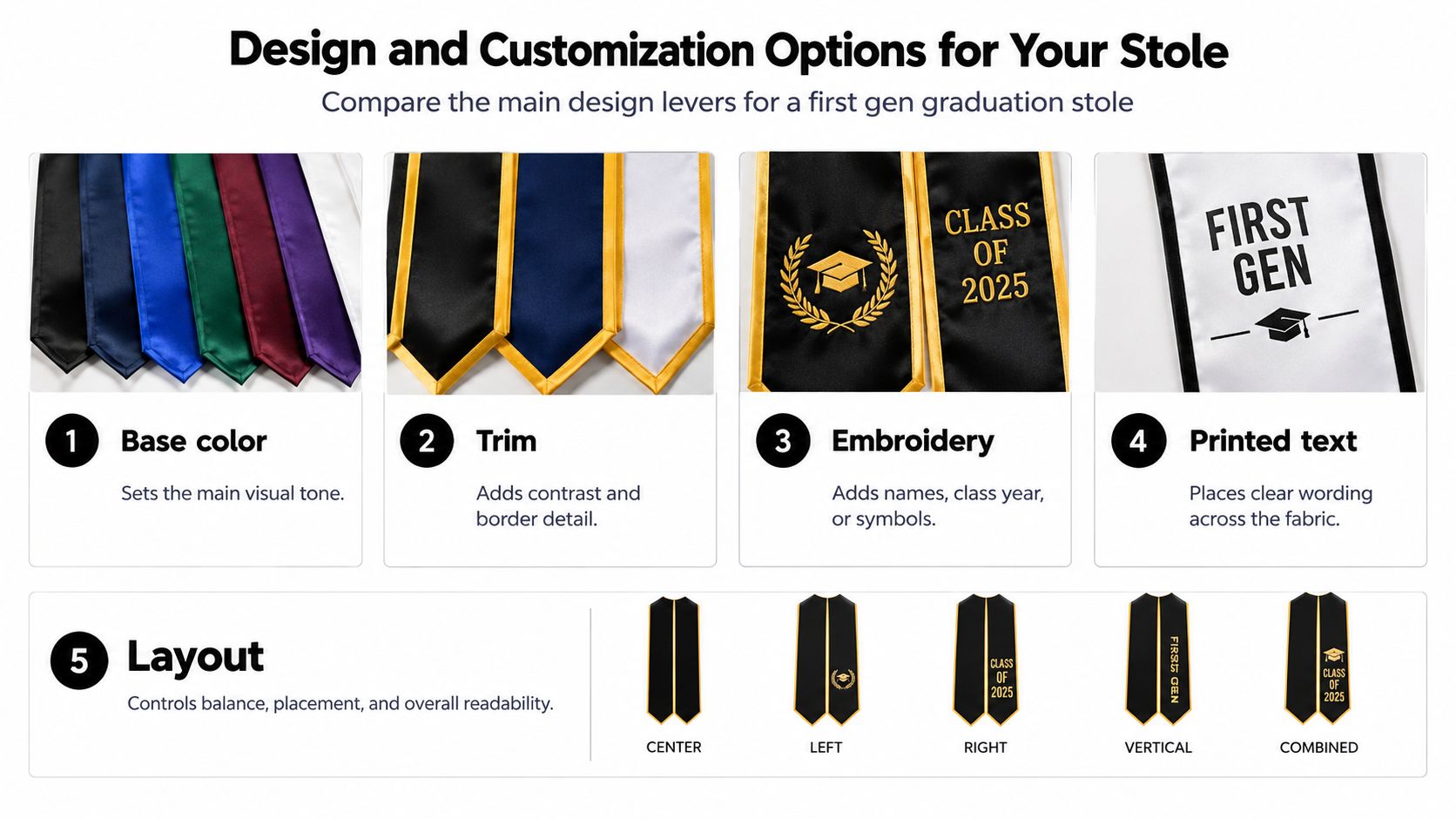 A visual guide explaining five design and customization options for a first-generation graduation stole, including colors and layouts.