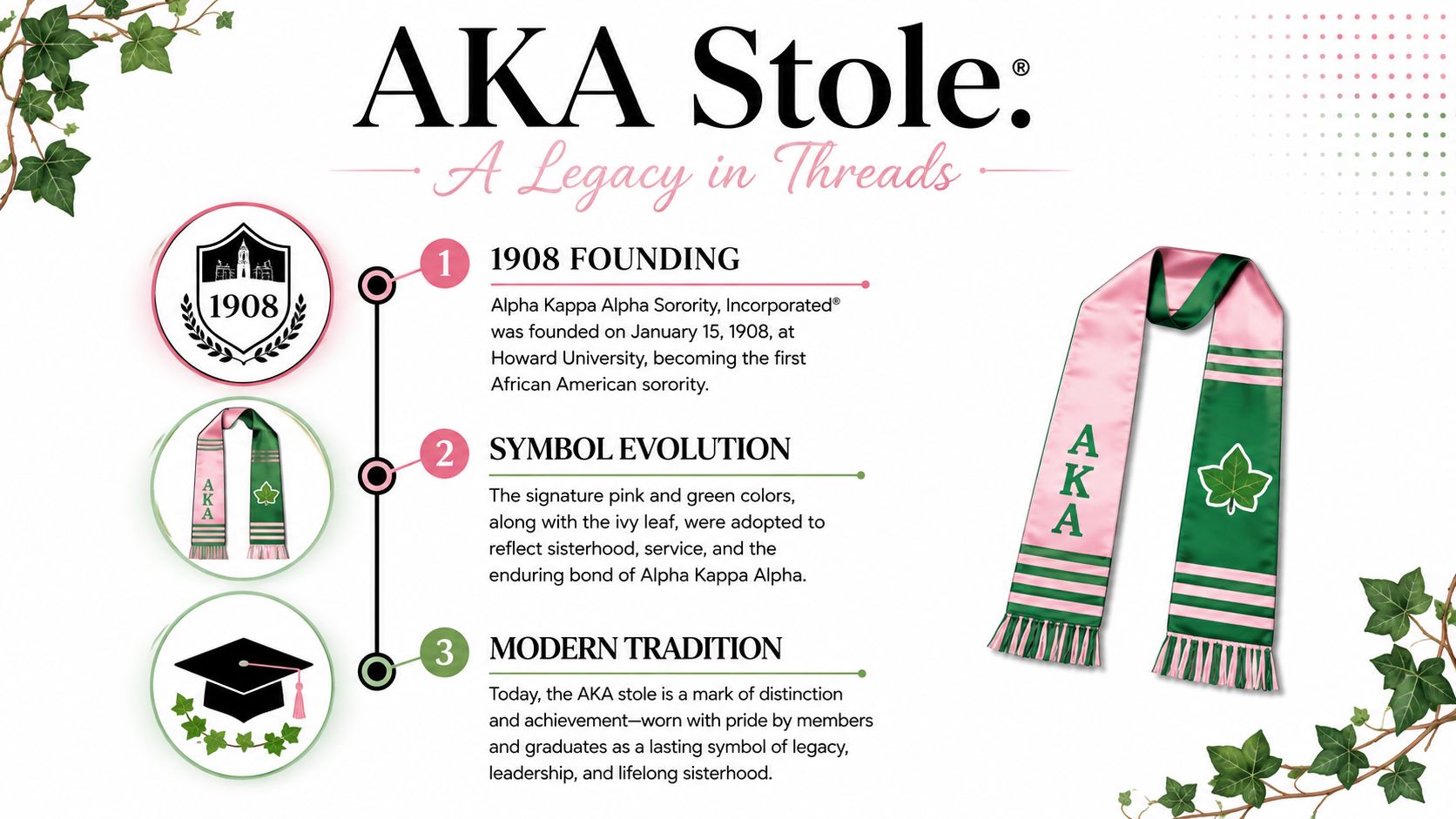 An infographic detailing the history and significance of the Alpha Kappa Alpha sorority graduation stole.