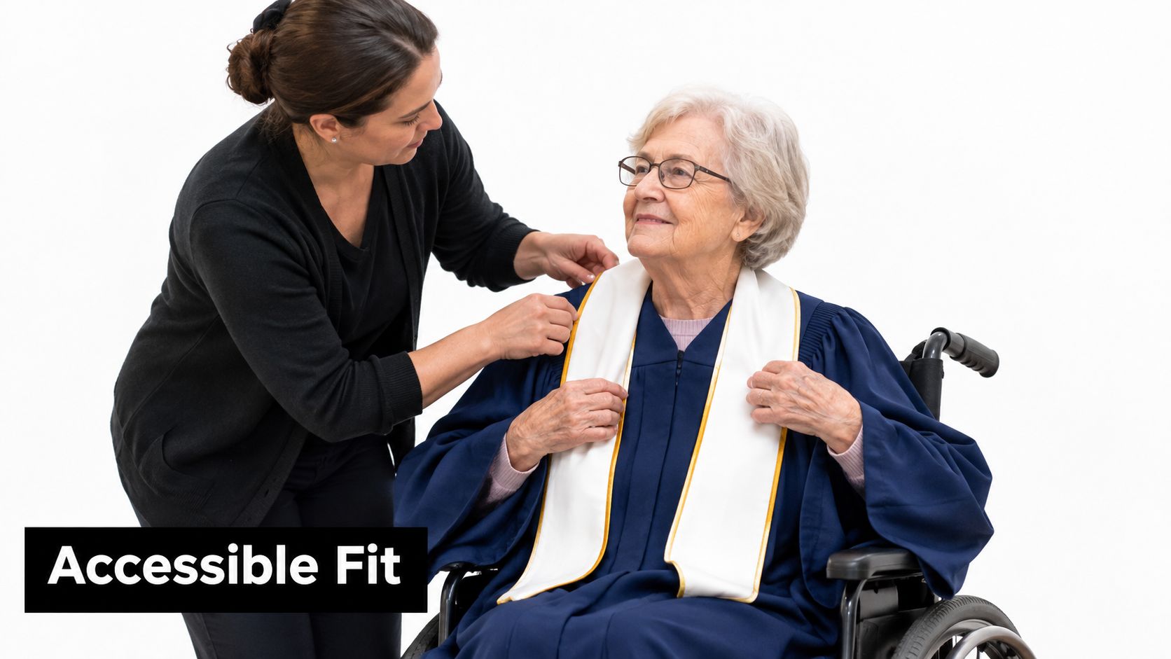 A woman helping an elderly person in a wheelchair adjust their navy blue choir robe stole.