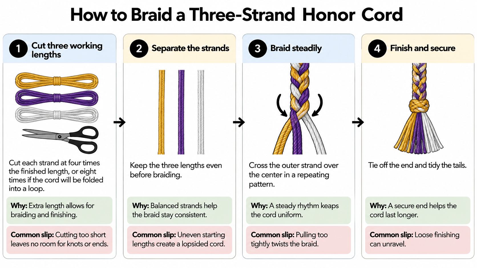 A four-step infographic illustrating how to create a braided three-strand honor cord for graduation ceremonies.