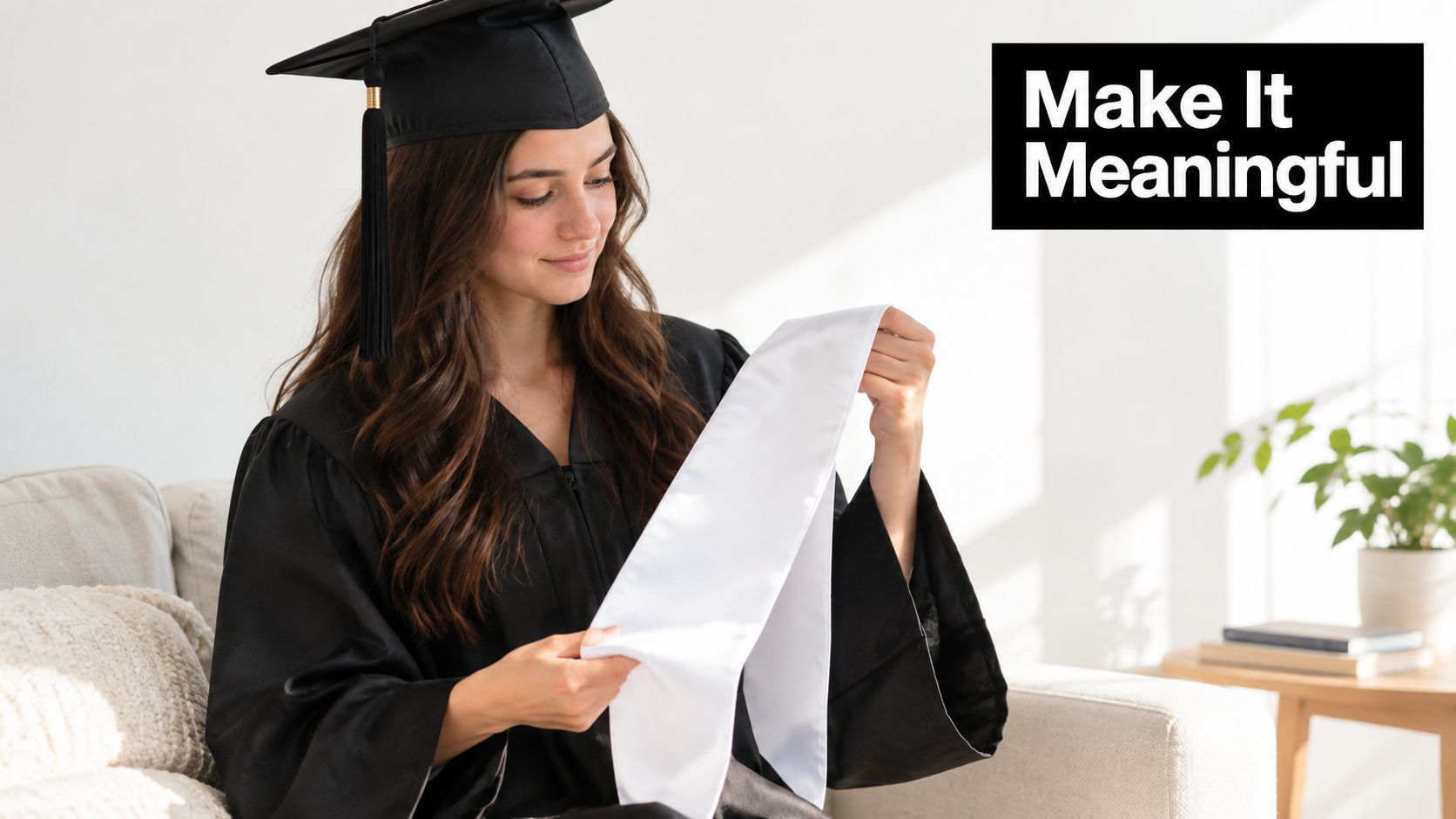 A female graduate in a cap and gown holding a plain white graduation stole in her hands.