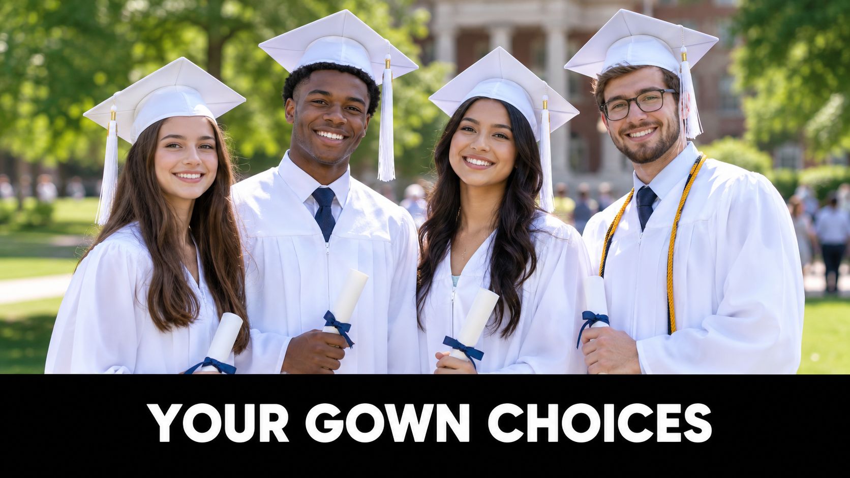 Four happy students in white graduation gowns and caps posing together holding diplomas outdoors on campus.