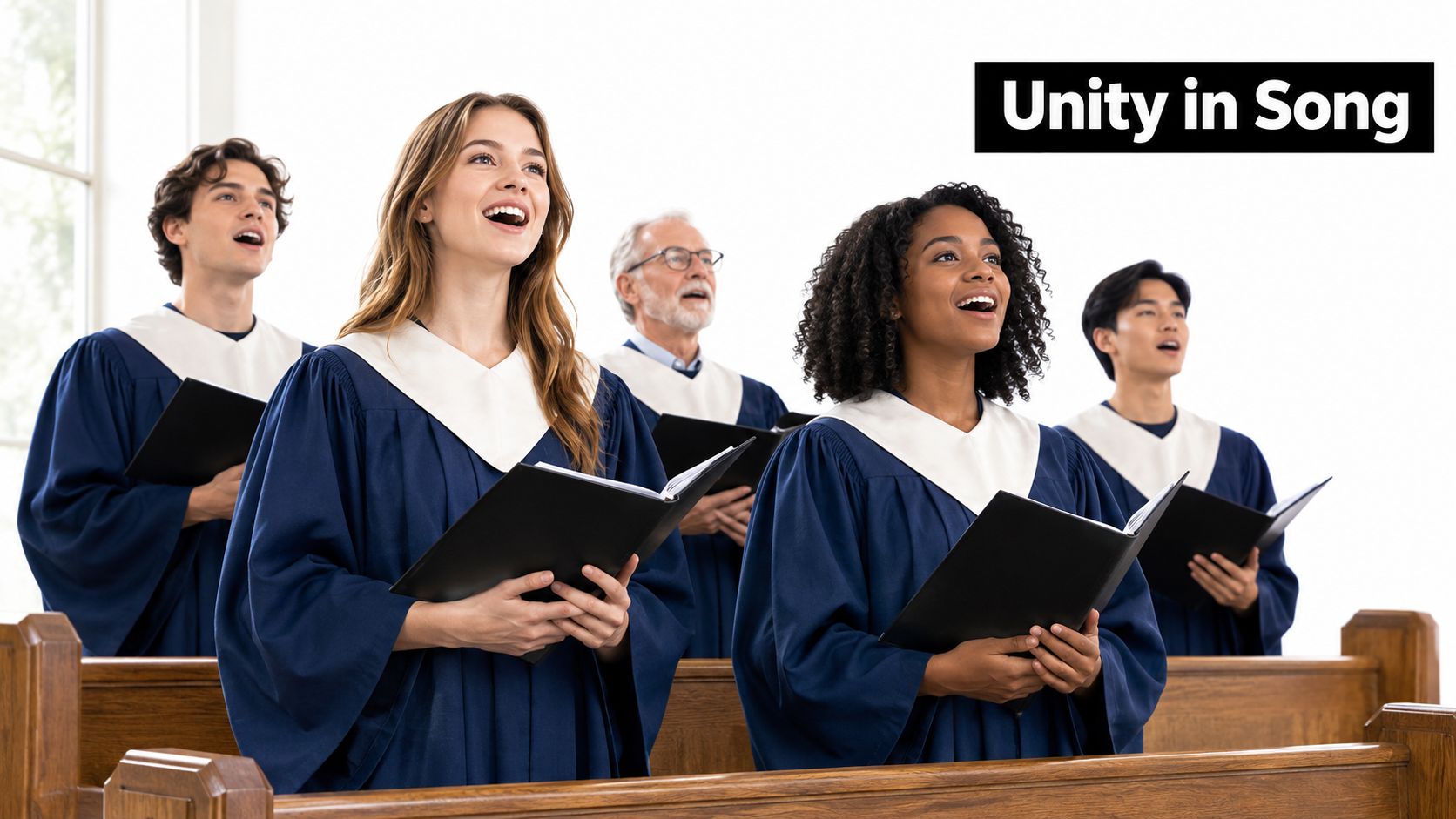 A diverse group of choir members wearing blue and white robes singing together from music books.
