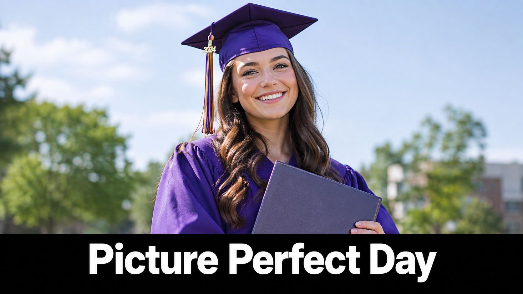 A smiling young woman wearing a purple graduation cap and gown holding a diploma outdoors.