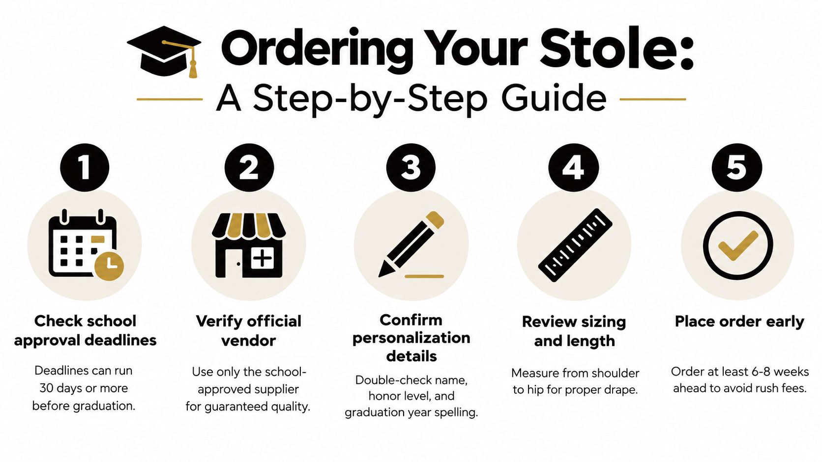 A five-step guide on how to order a graduation stole, emphasizing deadlines, vendors, and personalization details.