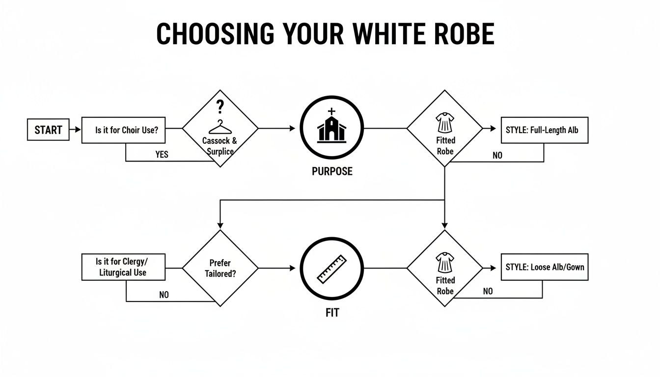 Flowchart for choosing white robes based on use, purpose, and fit, leading to different styles.