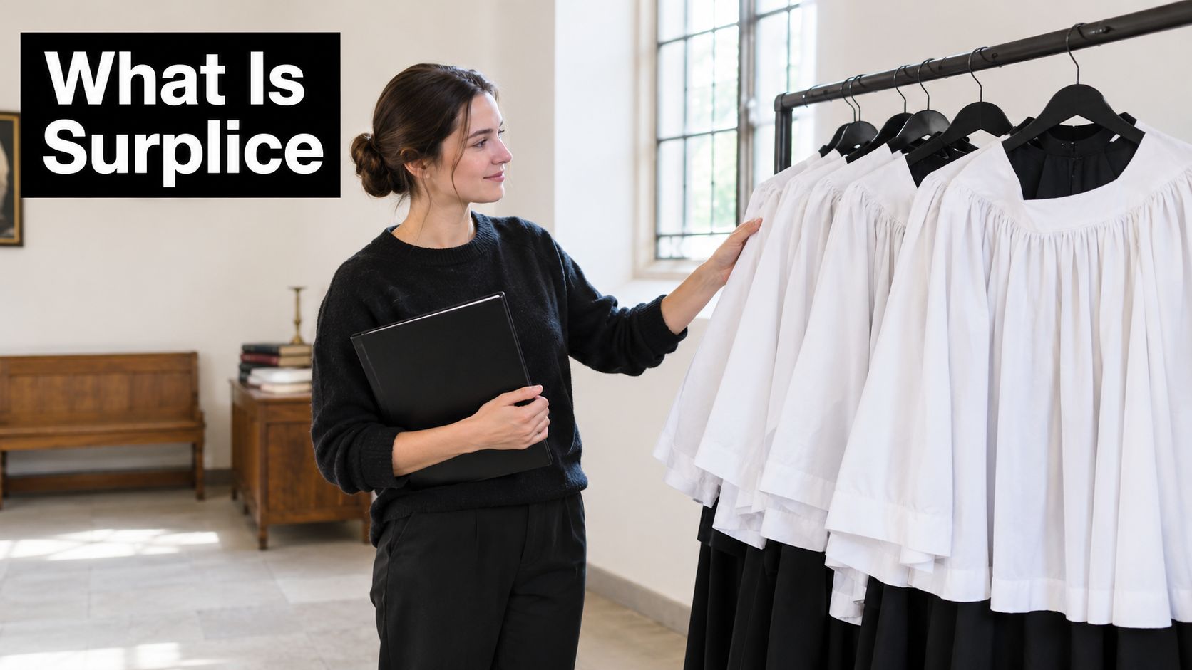 A woman holding a folder examines white choir surplice garments hanging on a rack in a church.