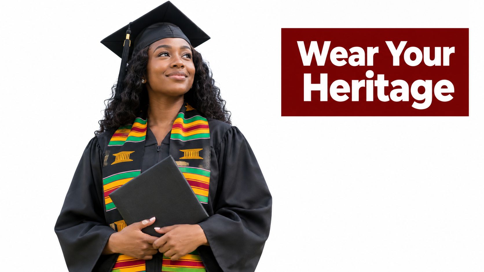 A smiling Black woman in a graduation cap and gown wearing a traditional Kente cloth graduation stole.