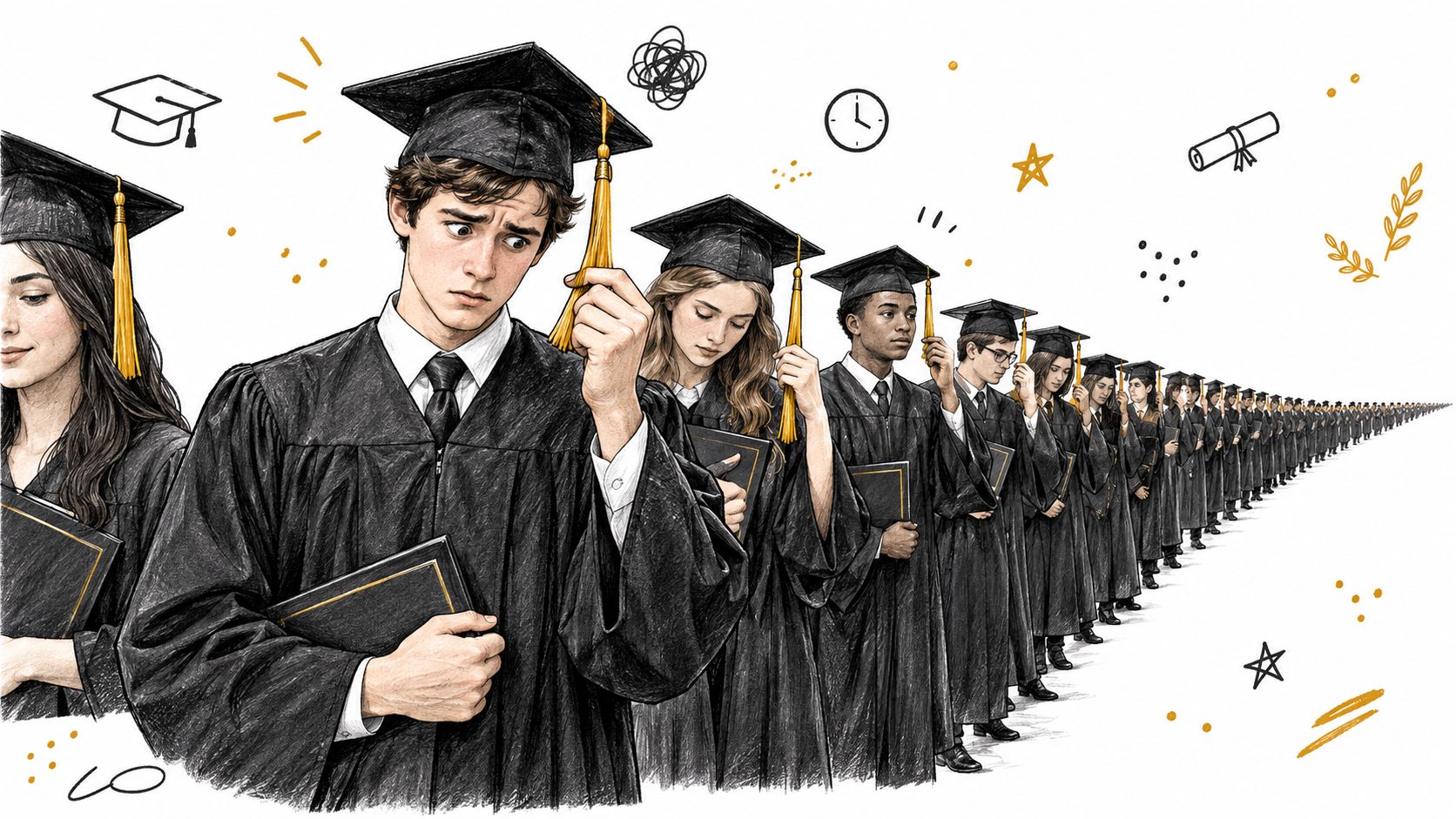 A line of graduates in caps and gowns appearing anxious and uncertain about their graduation ceremony process.