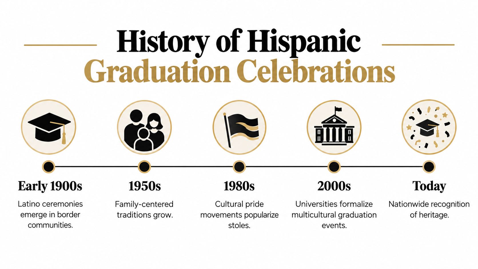 A timeline graphic illustrating the history of Hispanic graduation celebrations from the early 1900s to today.
