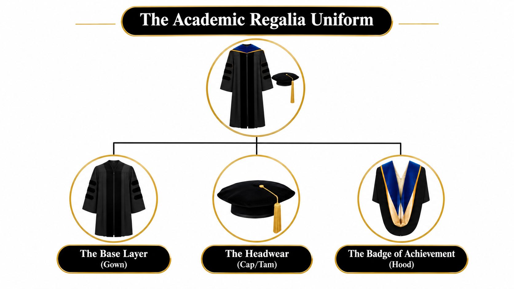 A diagram illustrating the three components of academic regalia: the gown, the cap or tam, and the hood.
