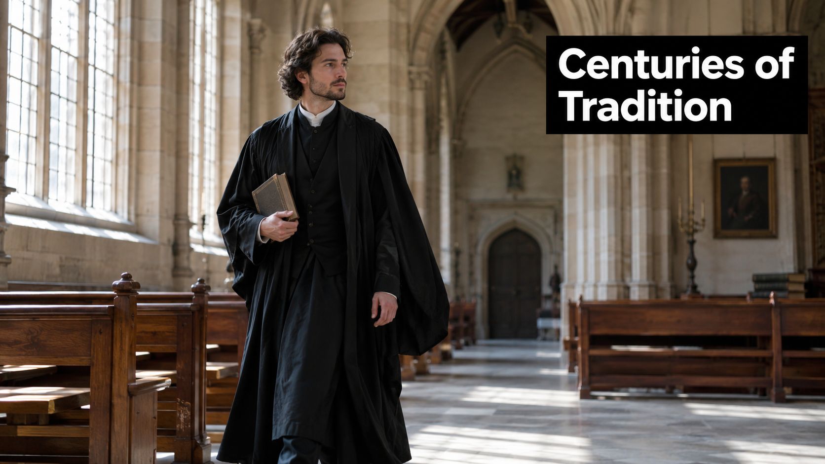 A sophisticated man in academic robes holding a book walking through a traditional university chapel interior.