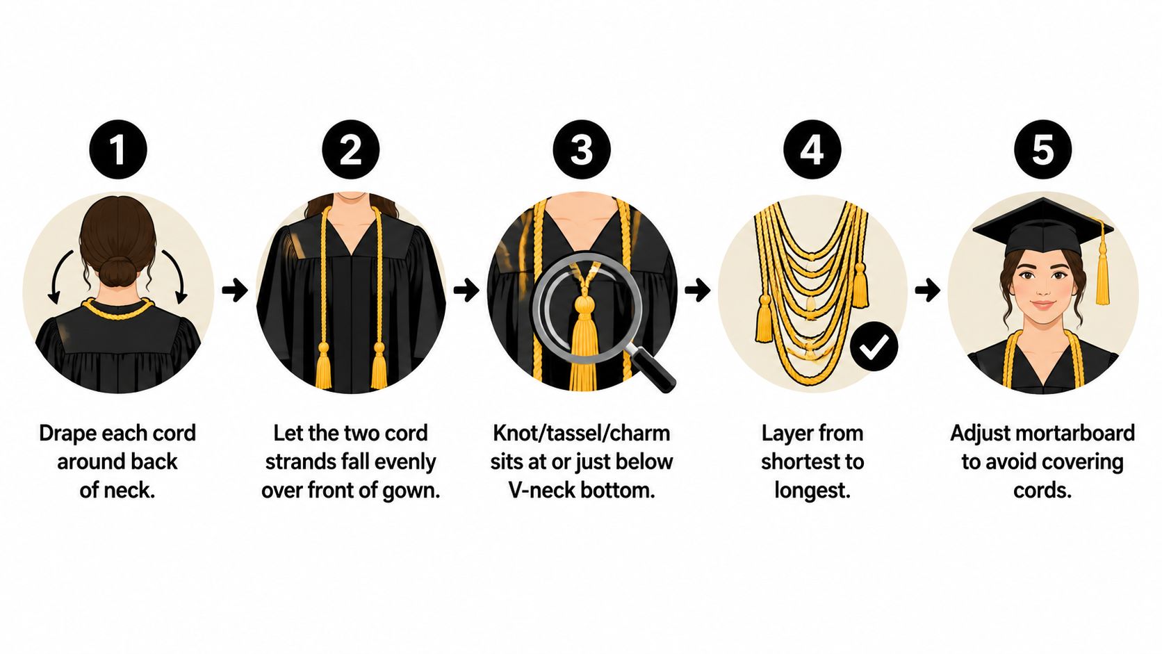 An illustration showing five steps to properly wear multiple graduation honor cords over a graduation gown.
