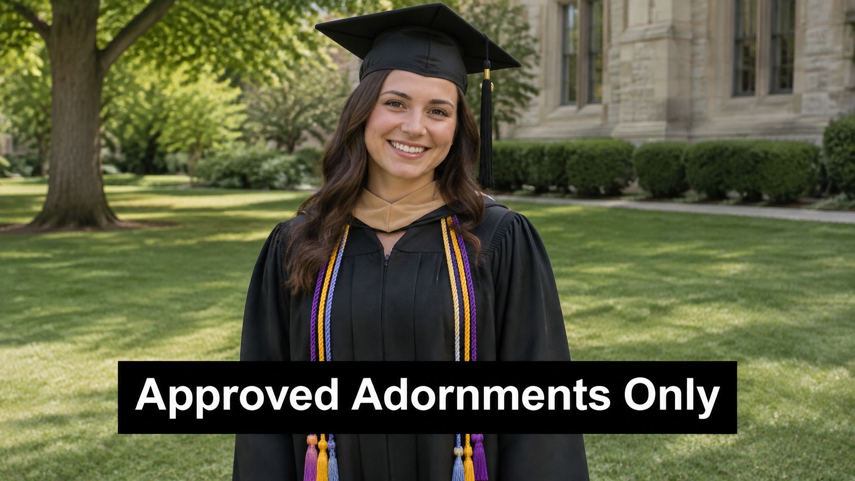 A female graduate smiling while wearing a black cap, gown, and colorful honor cords outdoors.