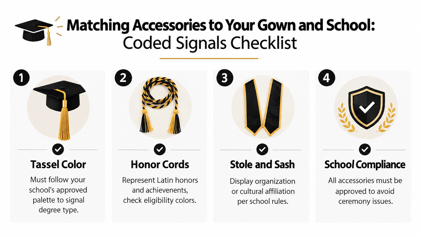 A checklist infographic titled Matching Accessories to Your Gown and School displaying graduation accessories like tassels, cords, and stoles.