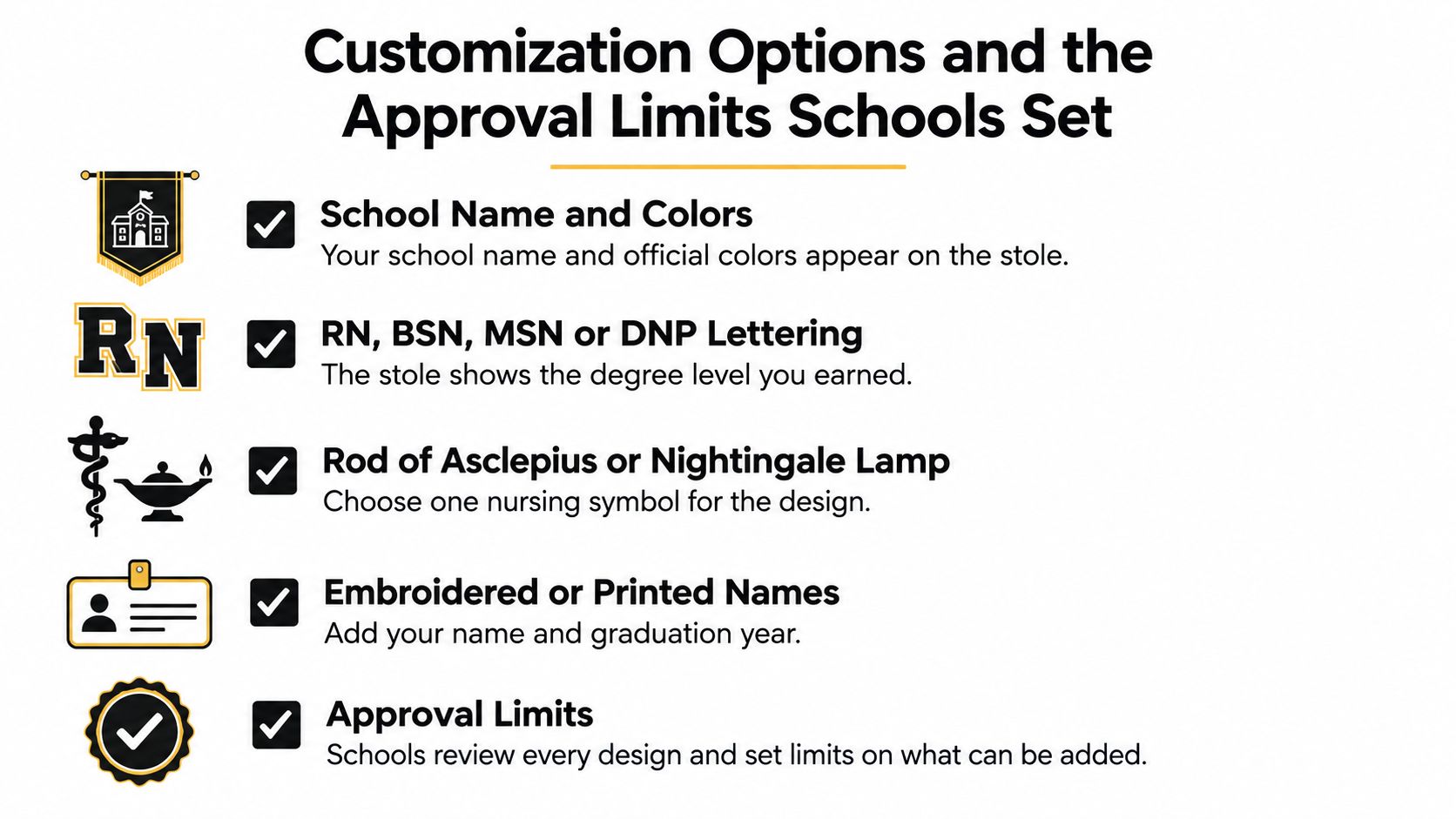 A graphic infographic displaying customization options for nursing graduation stoles including school colors, degree lettering, and symbols.