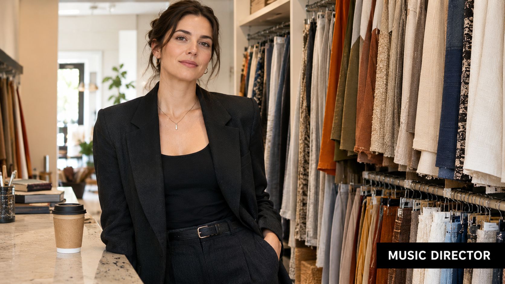 A professional woman in a blazer standing in a fabric store, positioned beside a rack of textiles.