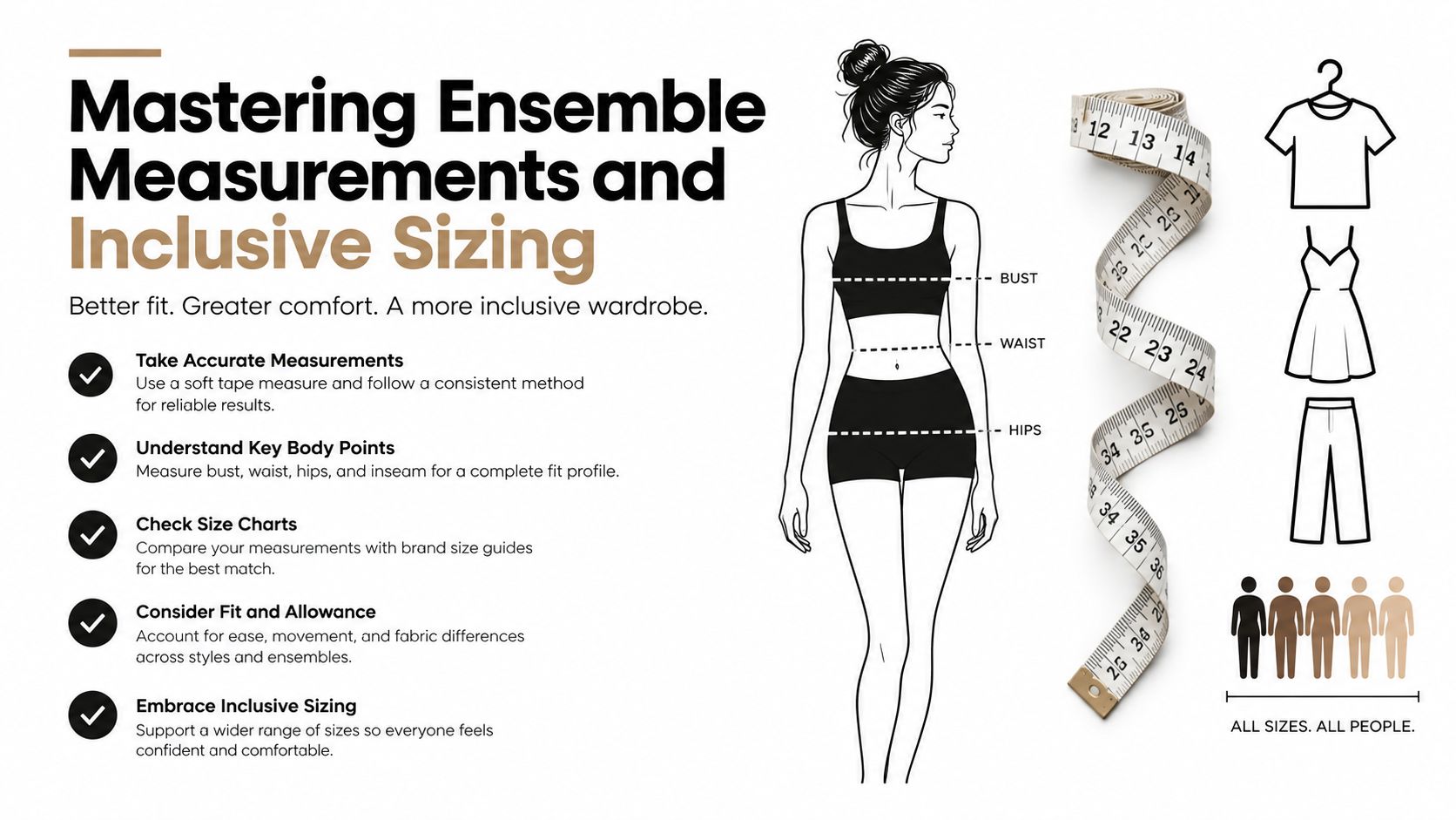 An infographic showing a woman with body measurement lines for bust, waist, and hips with sizing tips.