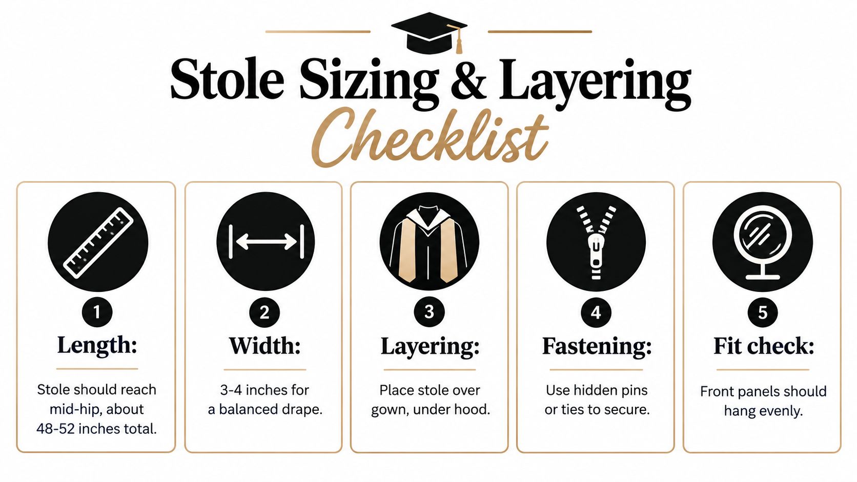 An infographic titled Stole Sizing and Layering Checklist with five numbered icons and instructions for graduation stoles.