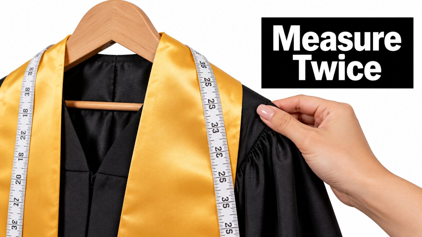 A close-up view of a graduation stole on a hanger being measured with a tape measure.