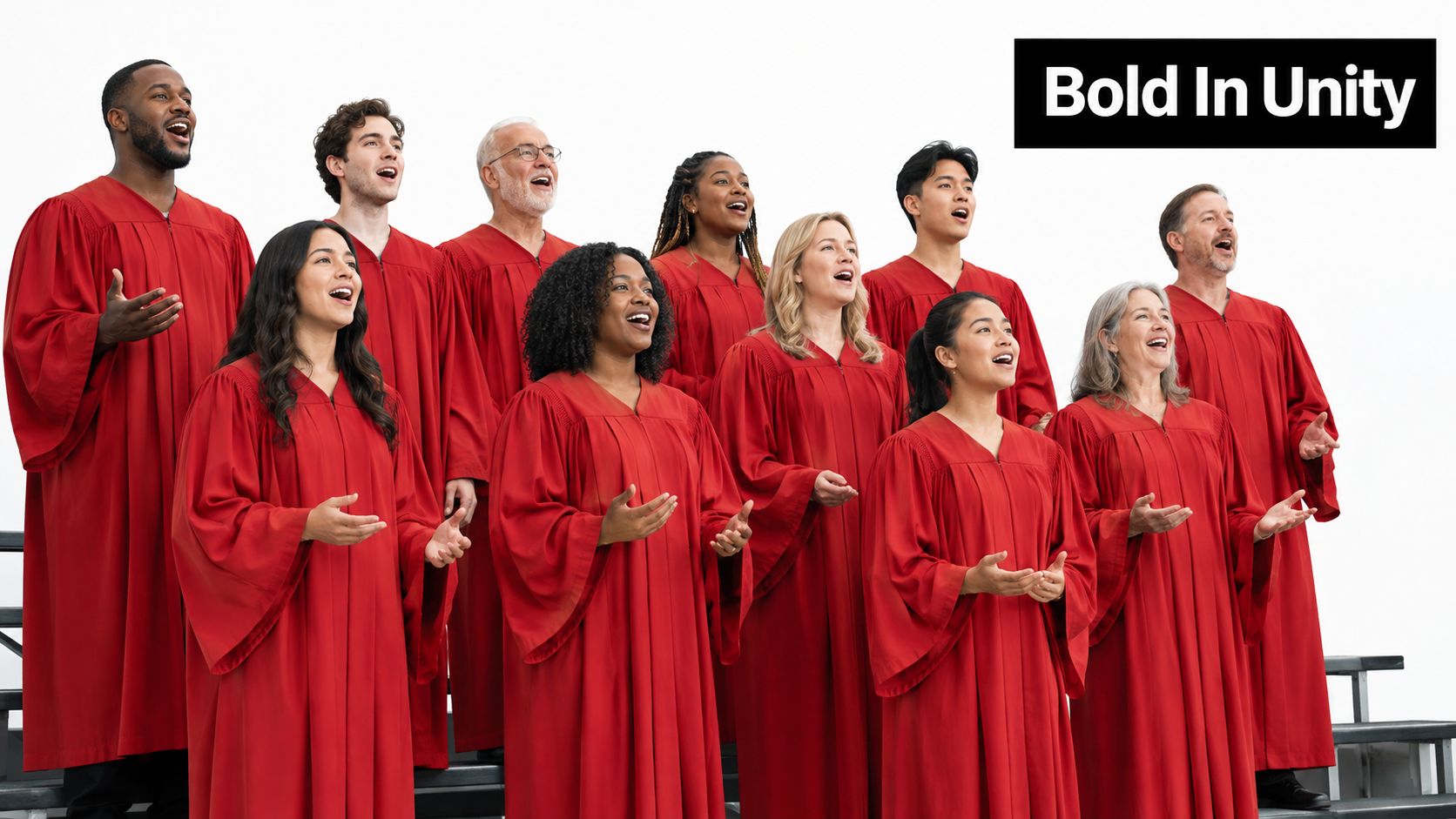 A diverse group of choir members standing on risers, all wearing matching bright red choir robes.