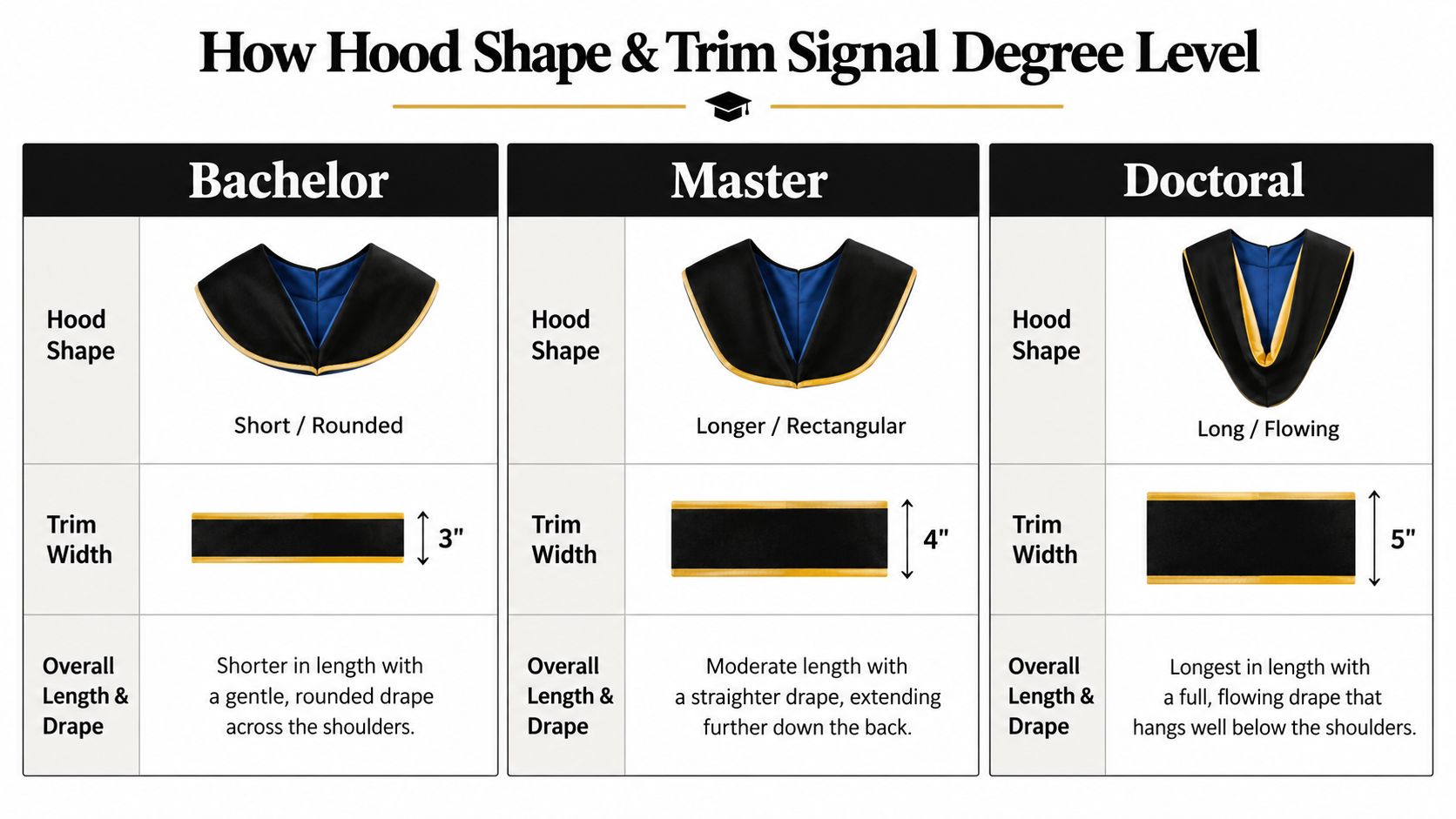A chart illustrating the differences in shape, trim width, and drape for bachelor, master, and doctoral graduation hoods.