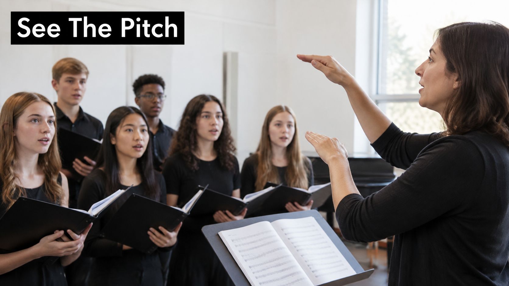 A female choral conductor directing a diverse group of teenagers singing from sheet music in a classroom.