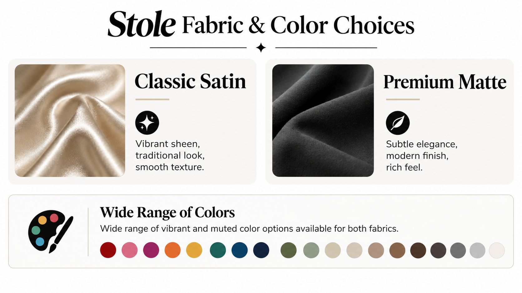 A graphic showing fabric options for graduation stoles featuring Classic Satin and Premium Matte finishes with color swatches.