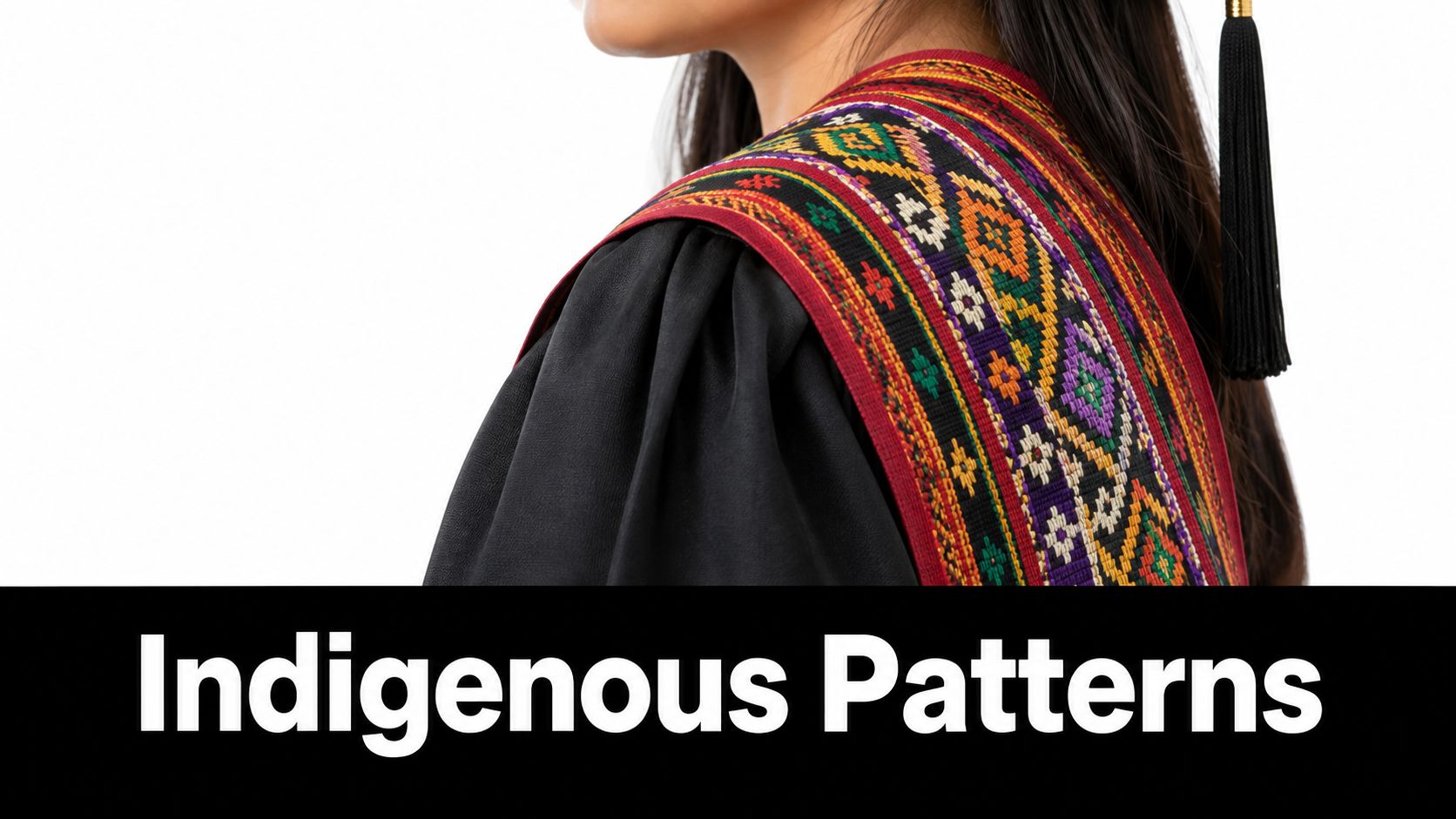 A student wearing a traditional Filipino graduation stole with vibrant, colorful woven indigenous patterns over a black gown.