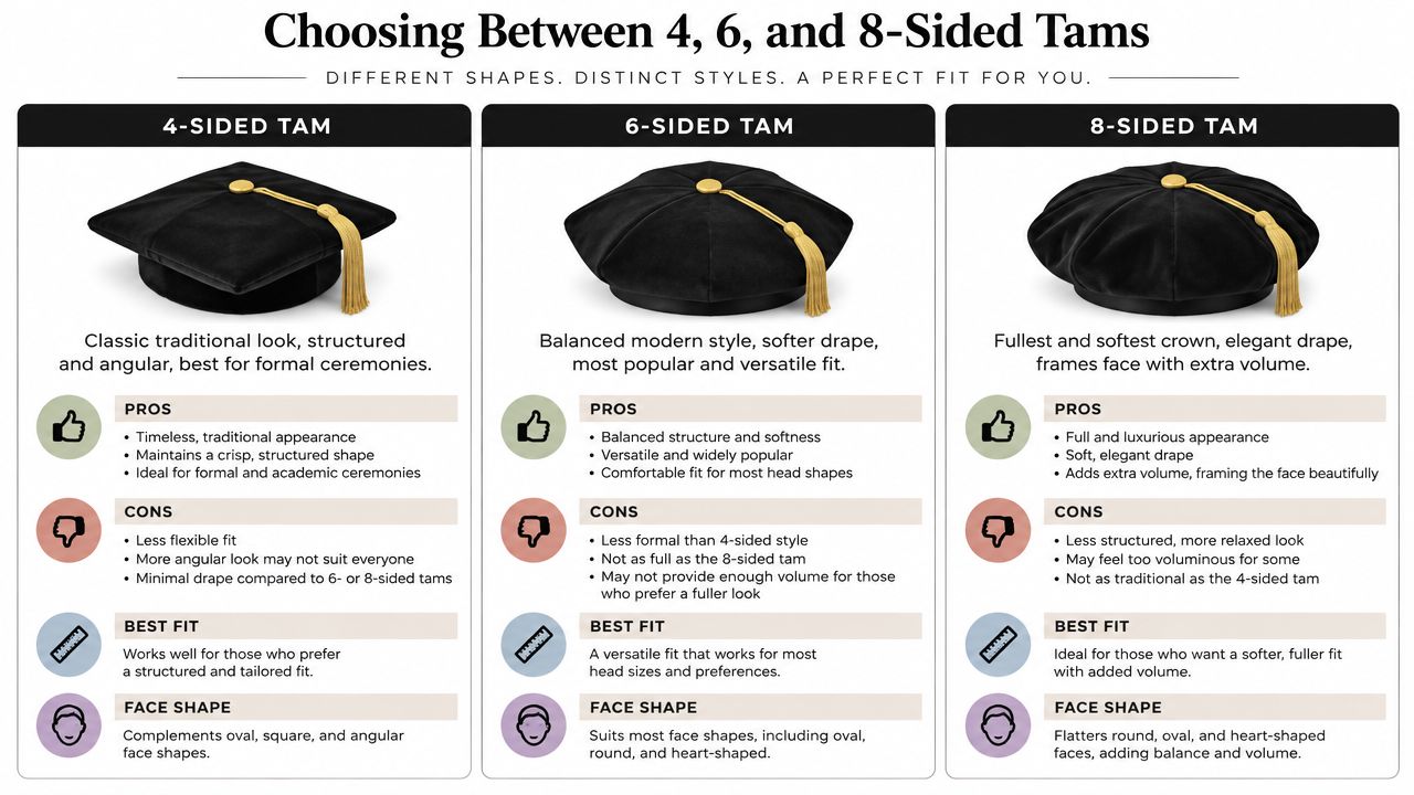 A comparison guide for choosing between 4, 6, and 8-sided doctoral tams, detailing pros, cons, and best fit.