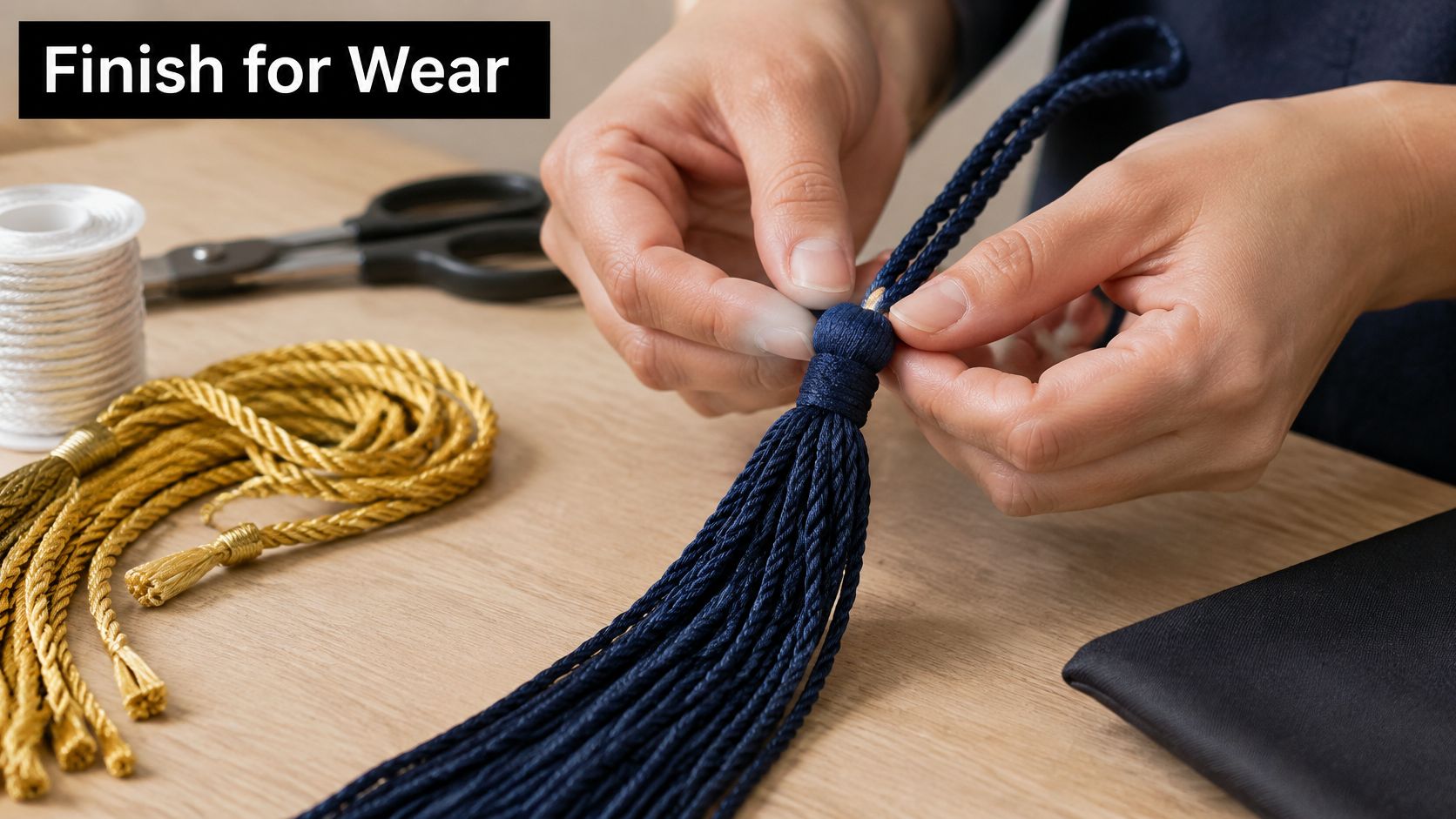 A person crafting a blue graduation tassel by securing the cord knot on a wooden table.